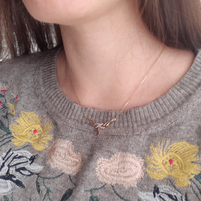 Vintage 9ct Gold Necklace with Pear Amethyst Drop and Diamonds, 80s / 90s