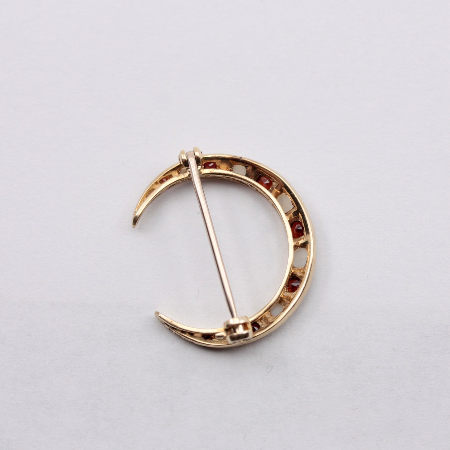 Vintage 9ct Gold Moon Brooch with Garnets and Pearls, 1981