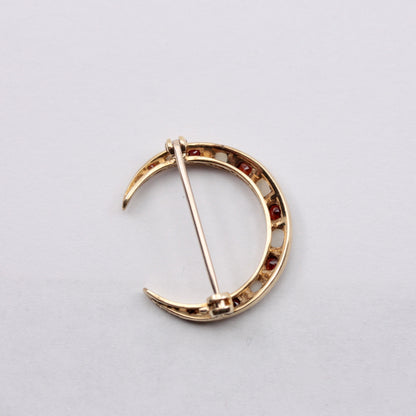 Vintage 9ct Gold Moon Brooch with Garnets and Pearls, 1981