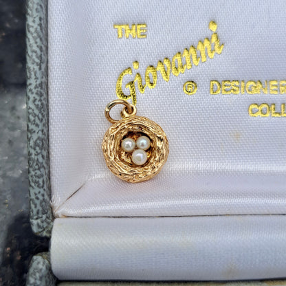 Vintage 9ct Gold Nest Charm with Three Pearl "Eggs" 1972