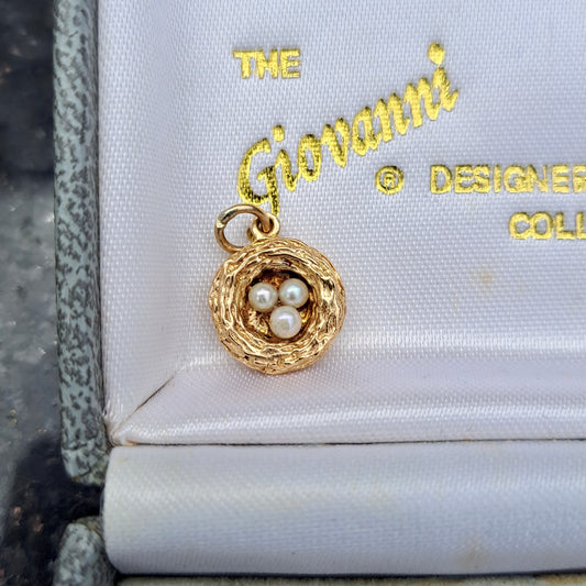 Vintage 9ct Gold Nest Charm with Three Pearl "Eggs" 1972