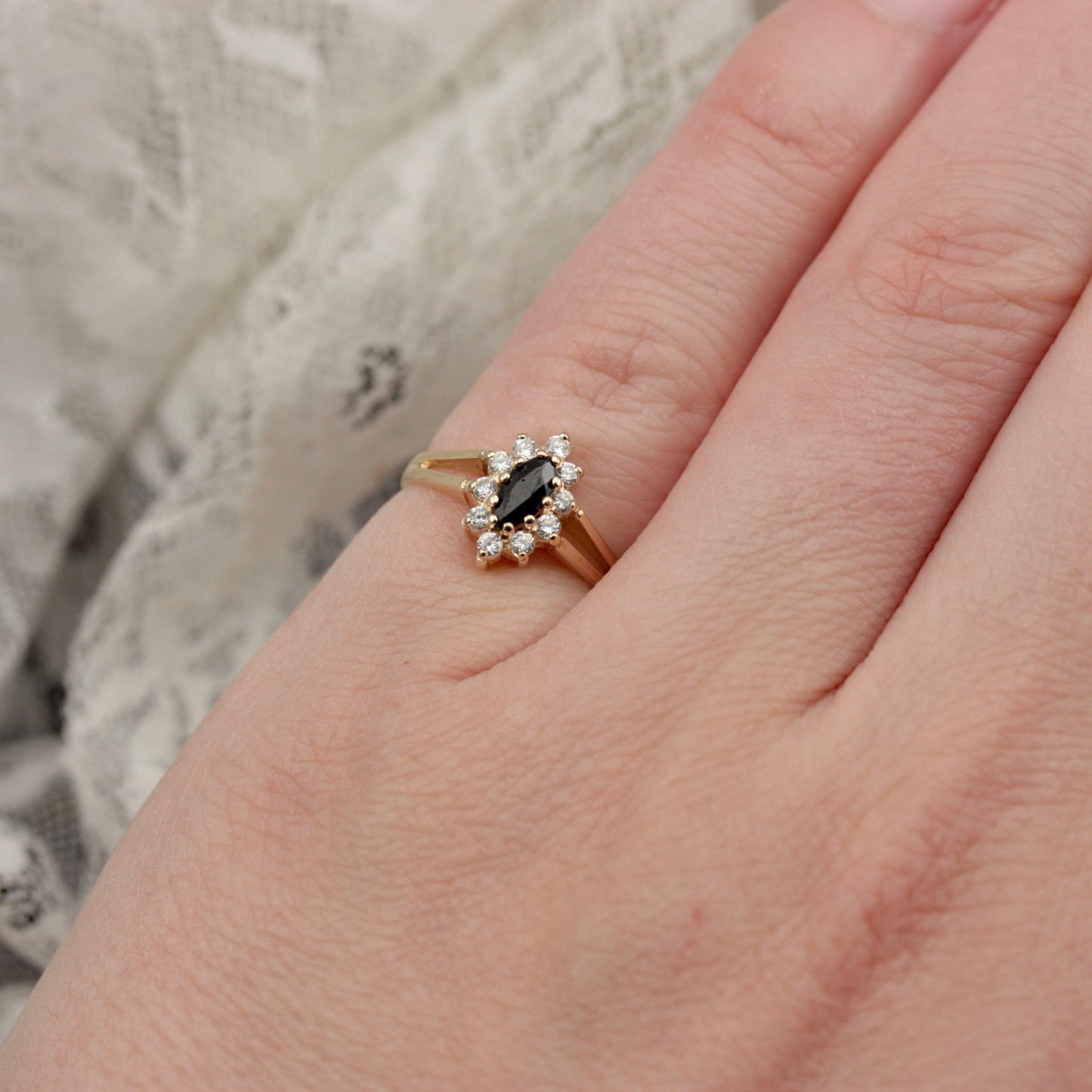 Vintage 9ct Gold Black Sapphire and CZ Marquise Cluster Ring, 1980s