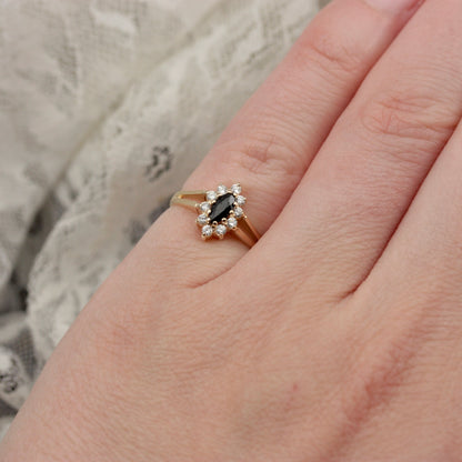Vintage 9ct Gold Black Sapphire and CZ Marquise Cluster Ring, 1980s