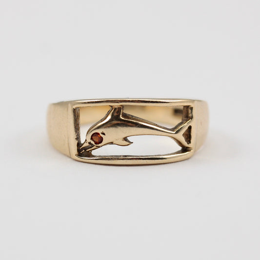 vintage 9ct gold garnet dolphin ring