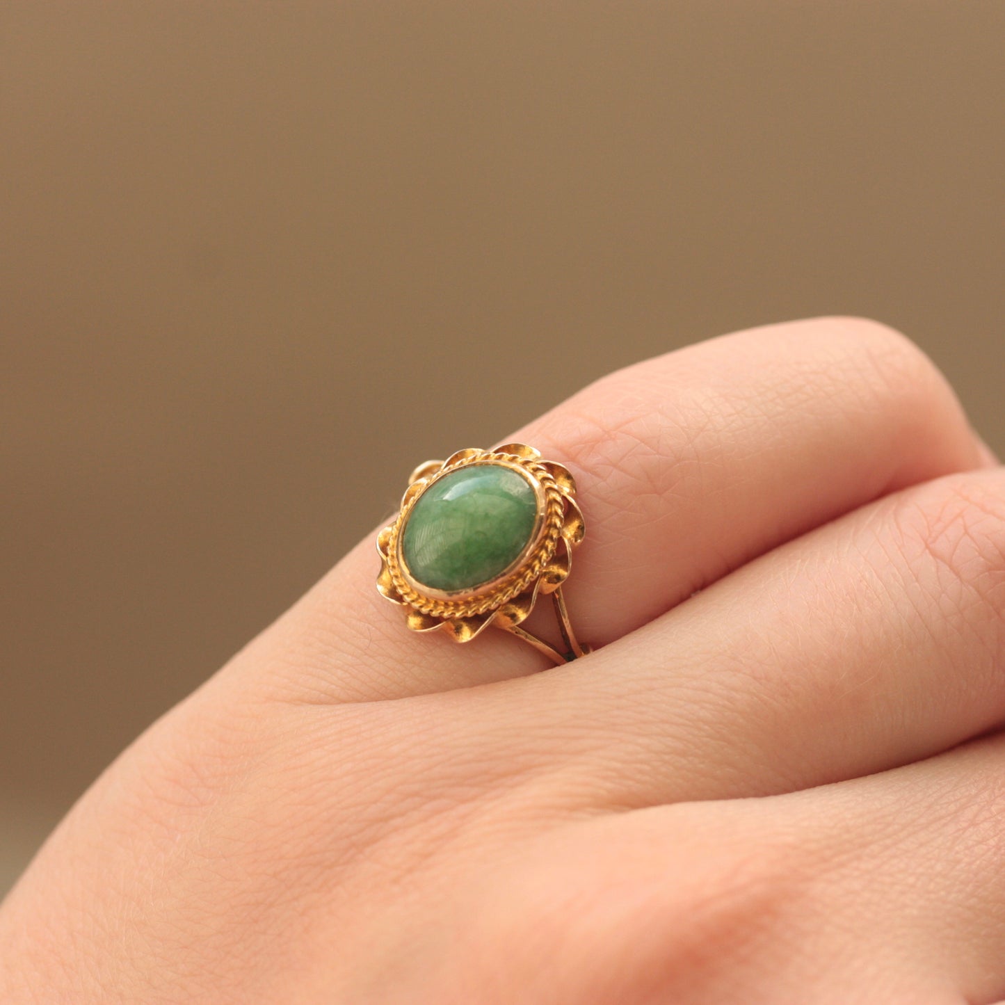 Vintage 9ct Gold and Green Jade Solitaire Ring, 1968