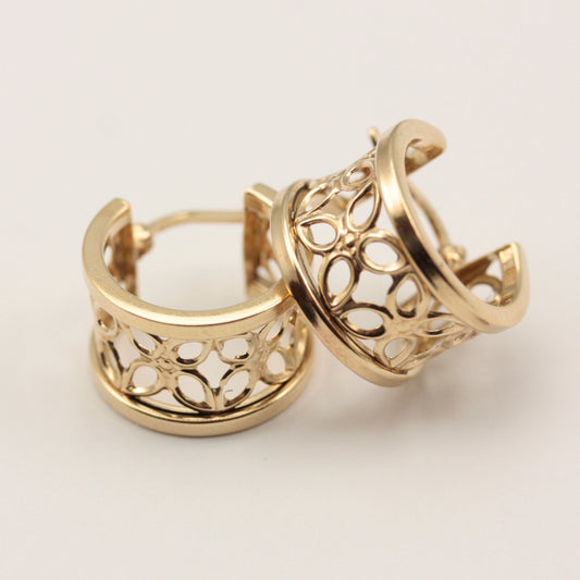 pre-owned 9ct gold wide floral hoop earrings