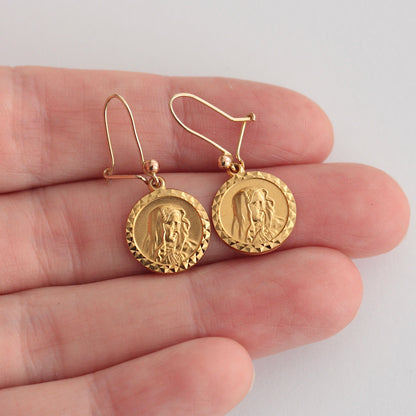 Vintage 9ct Gold Virgin Mary Coin Style Earrings, Georg Jensen Ltd