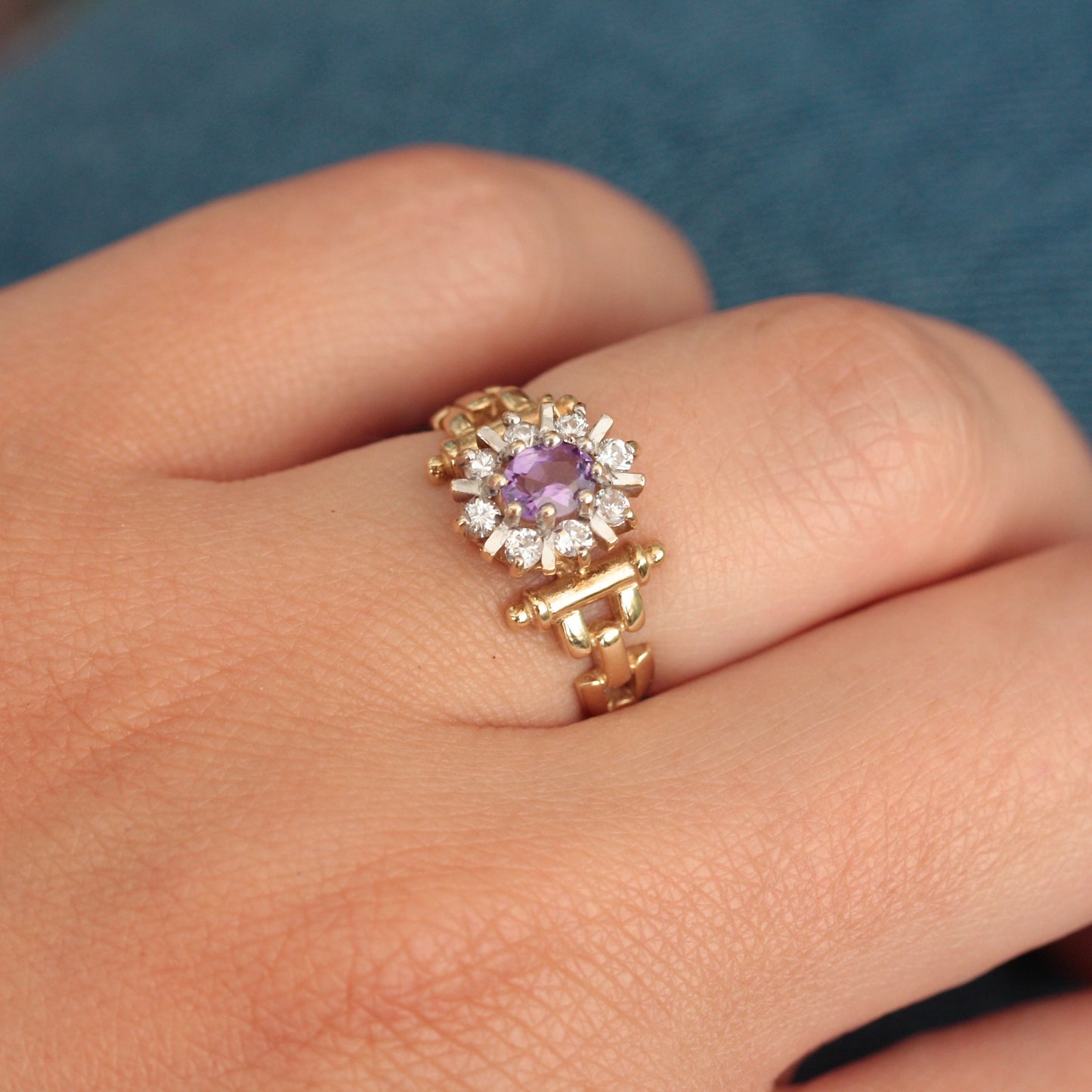 Vintage 9ct Gold Amethyst & CZ Cluster Ring, 1990