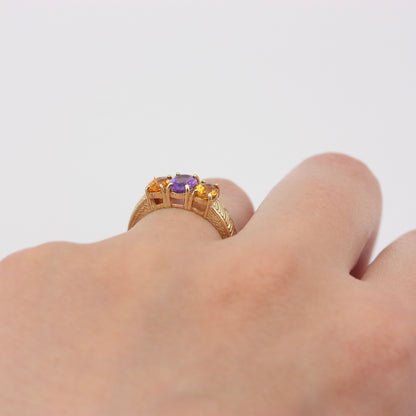 Pre-owned 9ct Gold Amethyst & Citrine Three Stone Ring