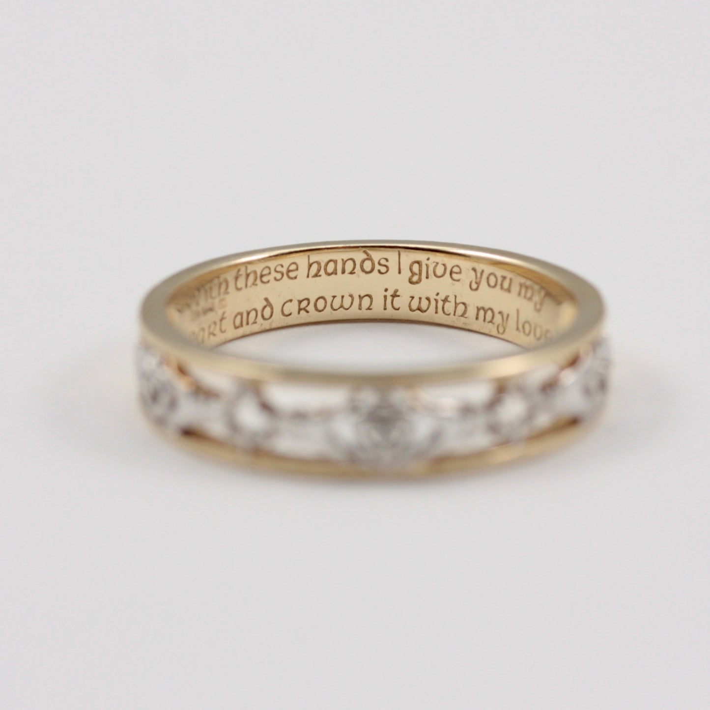 Pre-owned 9ct Two Tone Claddagh Band with Diamonds and Inscription
