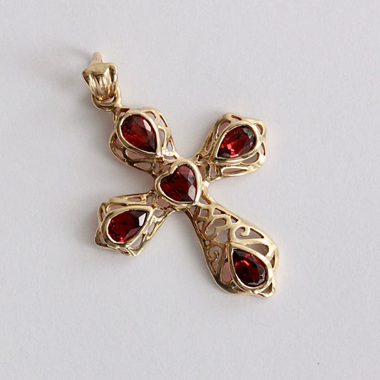 Vintage 9ct Gold and Garnet Openwork Cross Pendant