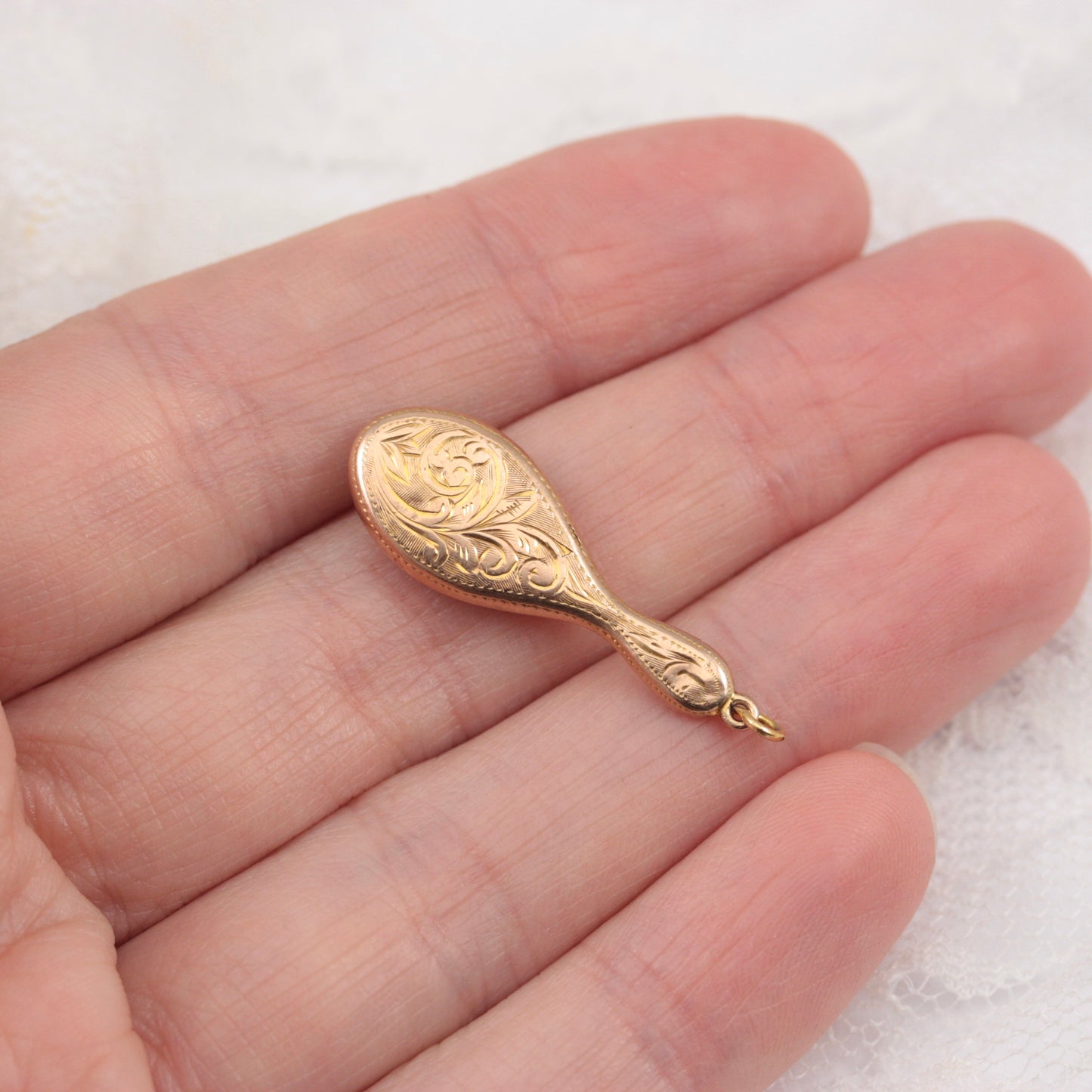 Vintage 9ct Gold Engraved Hand Mirror with Bevelled Glass