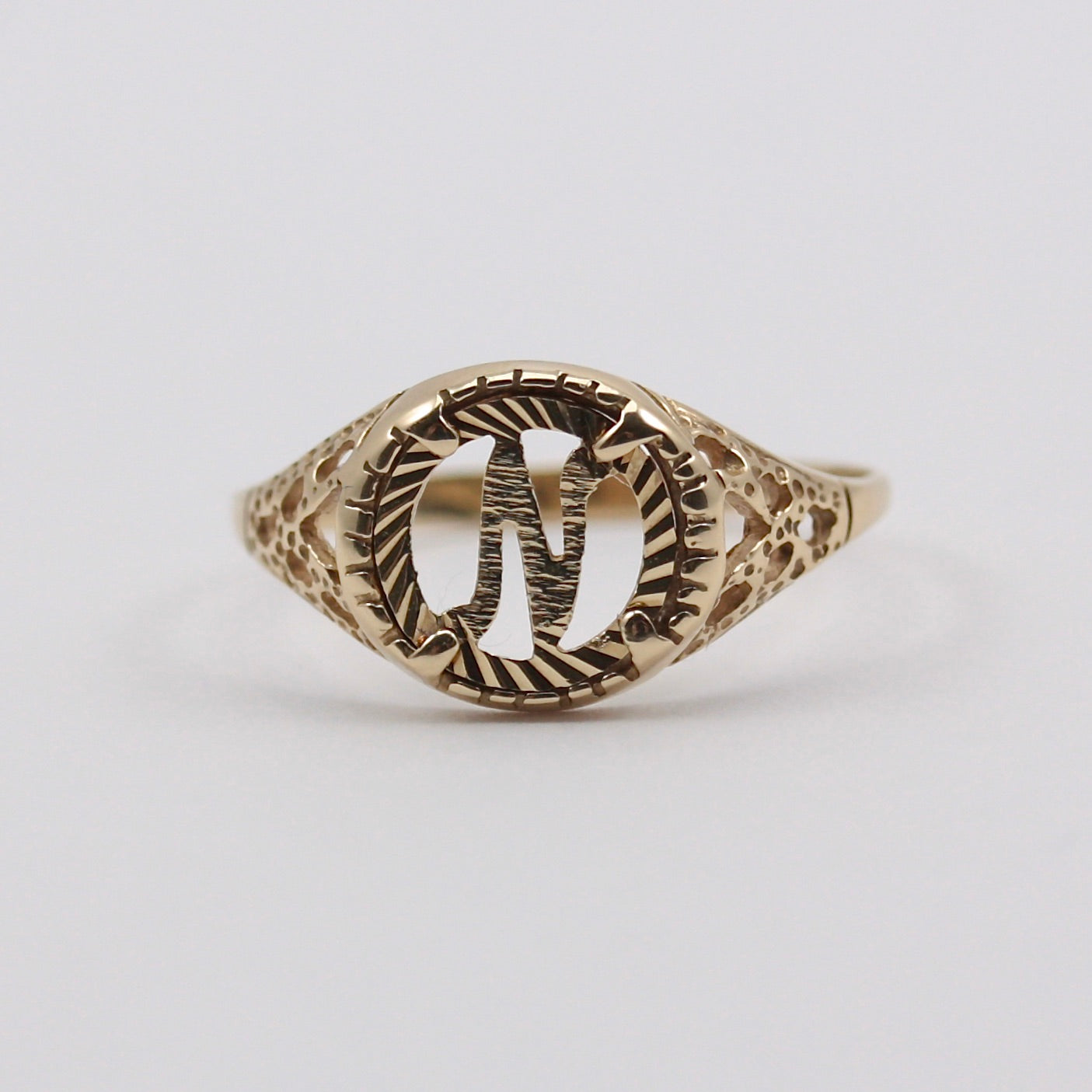 Vintage 9ct Gold Coin Style Letter 'N' Ring, 1993
