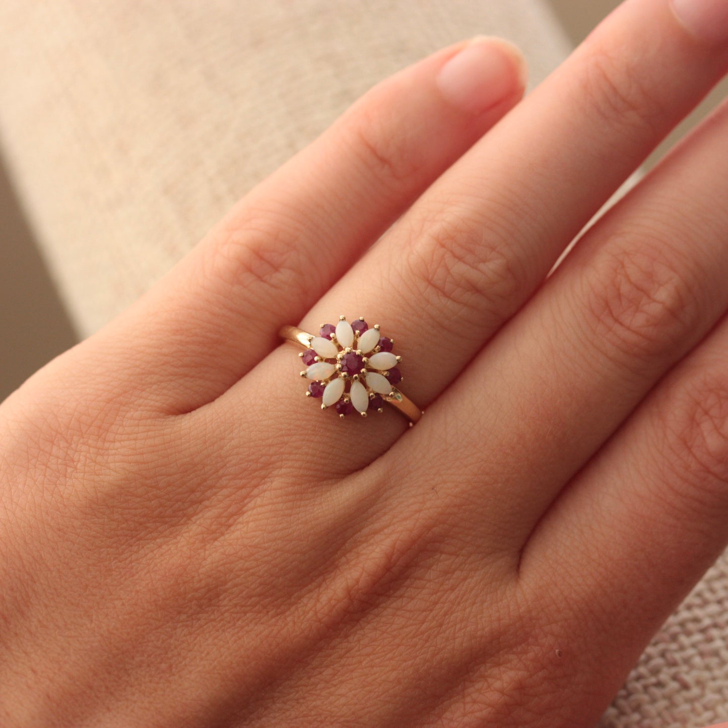 Pre-owned 9ct Gold Opal and Ruby Cluster Flower Ring, 2007