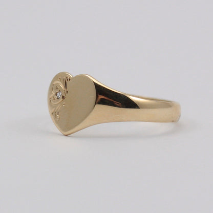 Vintage 9ct Gold Heart Signet Ring with Diamond, 1990
