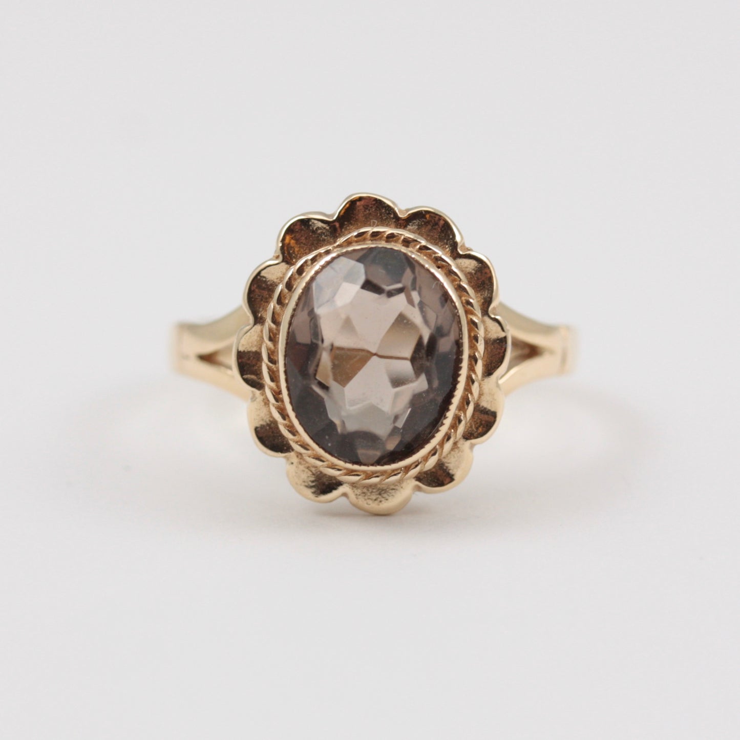 Vintage Yellow Gold Smokey Quartz Fancy Frame Ring