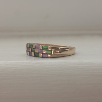 Late Vintage 9ct Gold Amethyst and Chrome Diopside Chequered Band