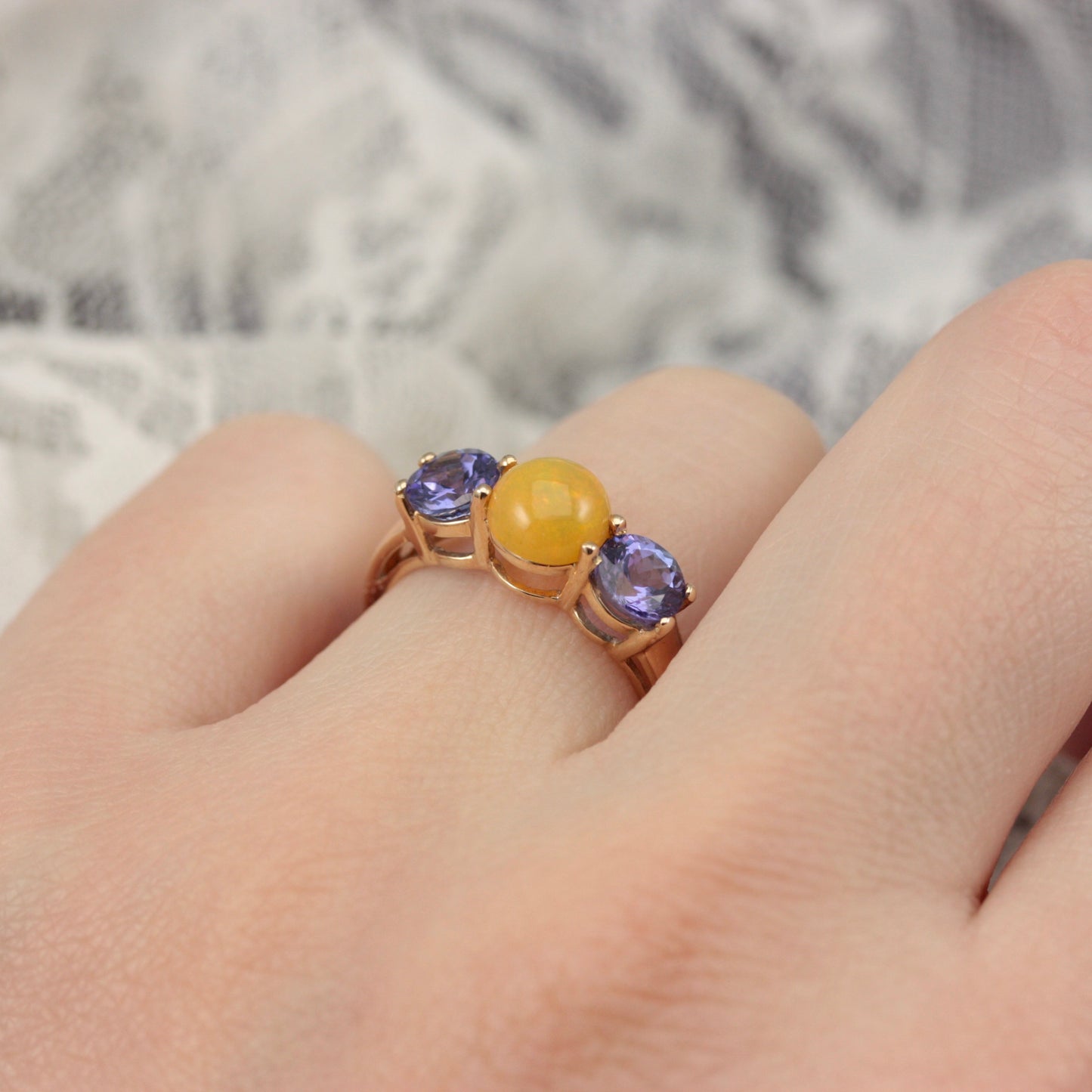 Pre-owned 9ct Gold, Tanzanite and Yellow Opal Three Stone Ring