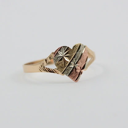 Vintage 9ct Tri Colour Gold Star Engraved Heart Ring, 1984