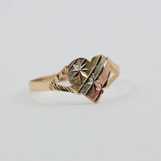 Vintage 9ct Tri Colour Gold Star Engraved Heart Ring, 1984