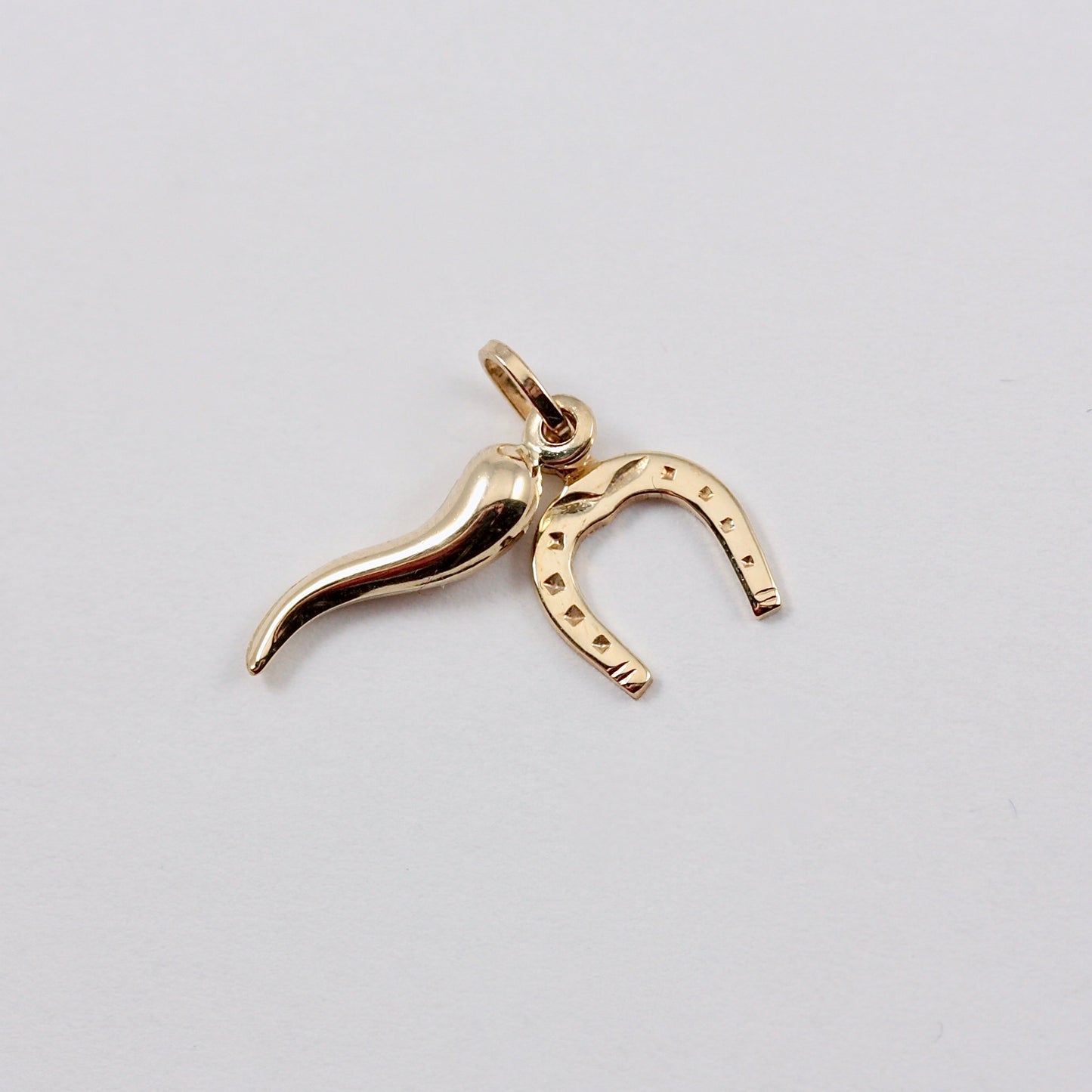 Small 9ct Gold Lucky Horseshoe & Cornicello / Horn of Life Charm 