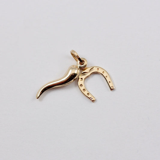 Small 9ct Gold Lucky Horseshoe & Cornicello / Horn of Life Charm 