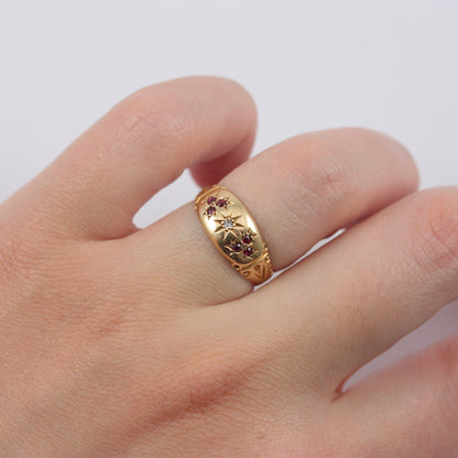 Antique 18ct Gold Band Ring with Ruby and Diamond, 1908 + Resize