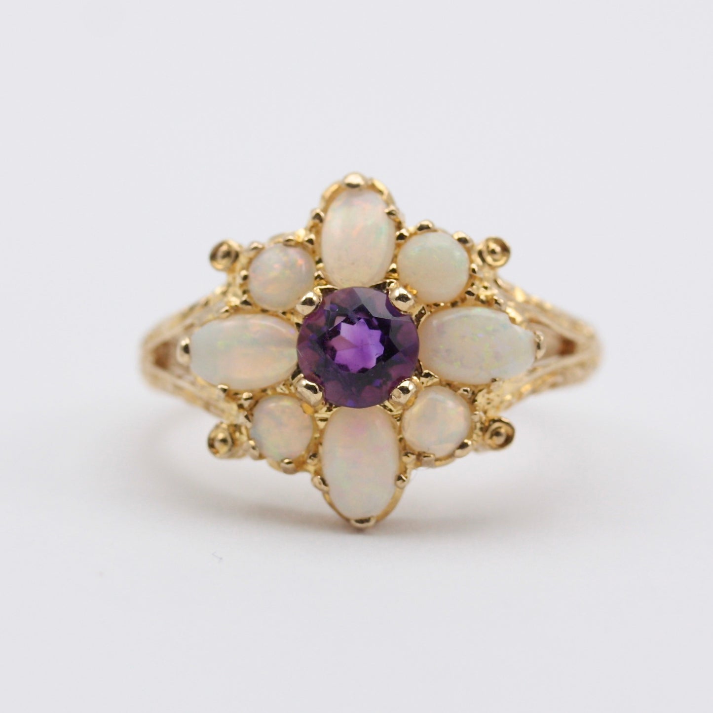 Vintage 9ct Gold Opal and Amethyst Cluster Ring, 1975