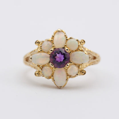 Vintage 9ct Gold Opal and Amethyst Cluster Ring, 1975