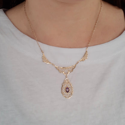 Vintage 9ct Gold Filigree Panel Necklace with Amethyst, 1994