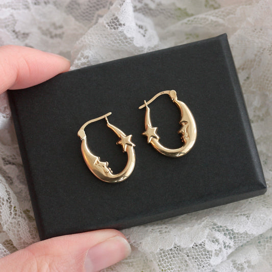 Pre-owned 9ct Gold Man In The Moon and Star Hoop Earrings