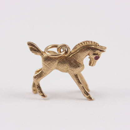 Vintage 9ct Gold Horse Charm with Ruby Eyes, GJLD, 1966