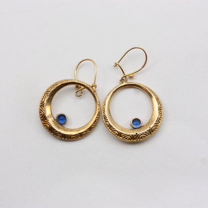 Vintage 9ct Gold Dangle Hoop Earrings with Blue Crystal, 1976