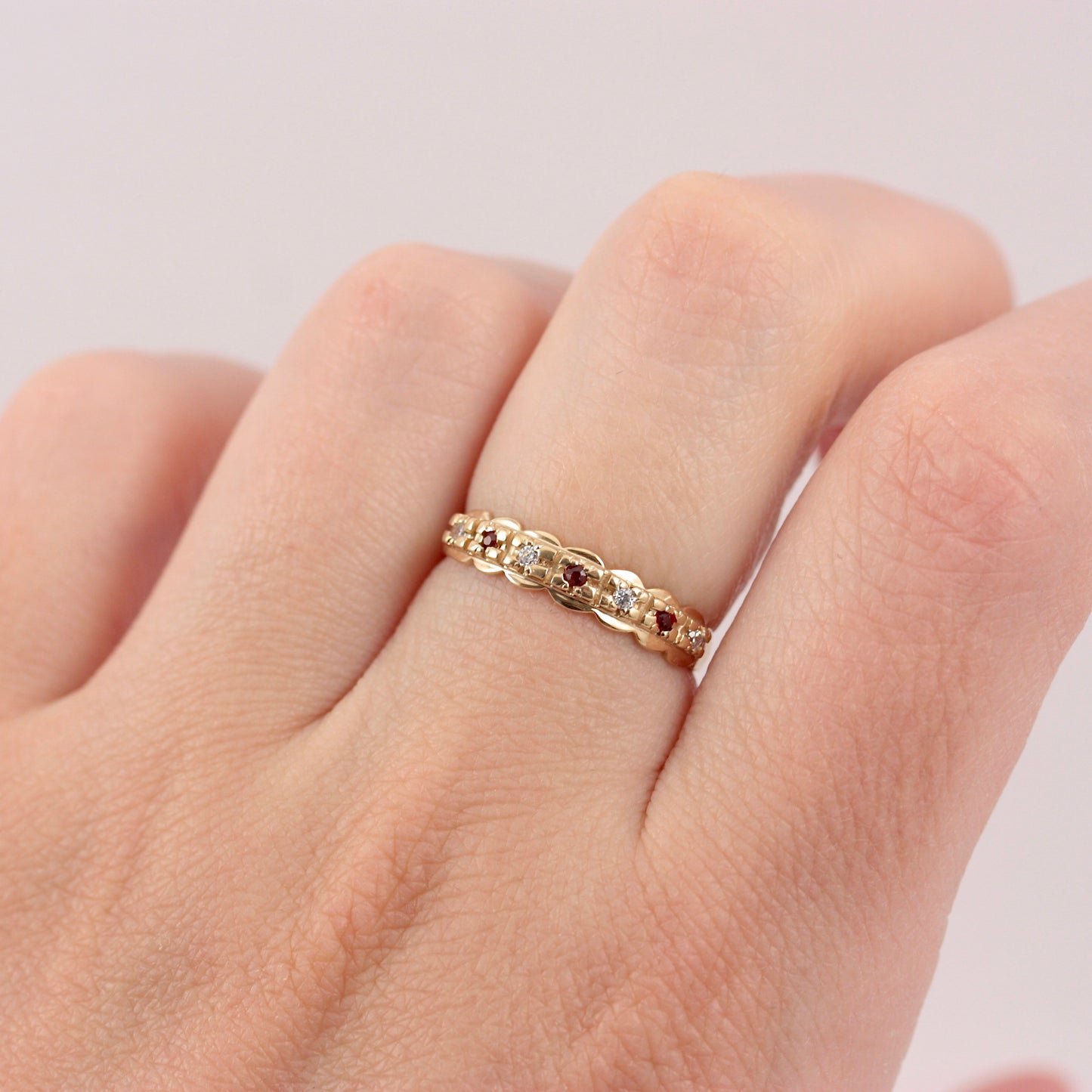 Vintage 9ct Gold Garnet and CZ Scallop Edge Ring, 1997