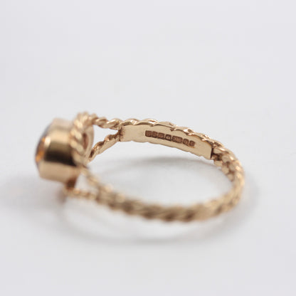 Vintage 9ct Gold Citrine Solitaire Rope Ring, 1984