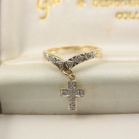 Pre-owned 9ct Gold Diamond Dangle Cross Charm Ring