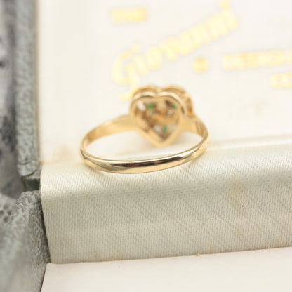 Vintage 9ct Gold, Green and White Spinel Heart Ring, 1979