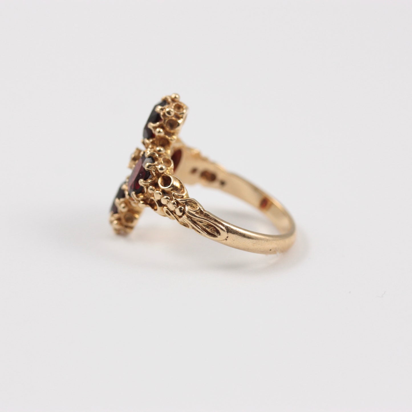 Vintage 9ct Gold Ornate Garnet Ring, 1973