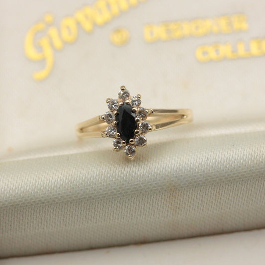 Vintage 9ct Gold Black Sapphire and CZ Marquise Cluster Ring, 1980s