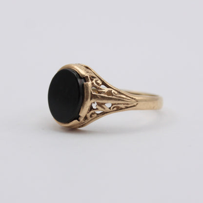 Vintage 9ct Gold Onyx Ring with Ornate Setting, 1975