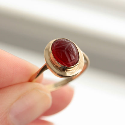 Vintage 9ct Gold Carnelian Scarab Beetle Ring, 1972