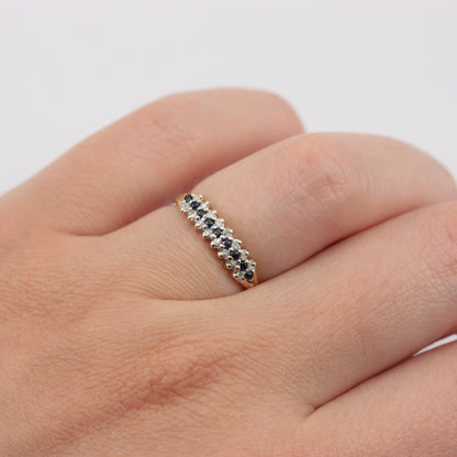 Vintage 9ct Gold Diamond Sapphire 3 Row Band Ring, 1986