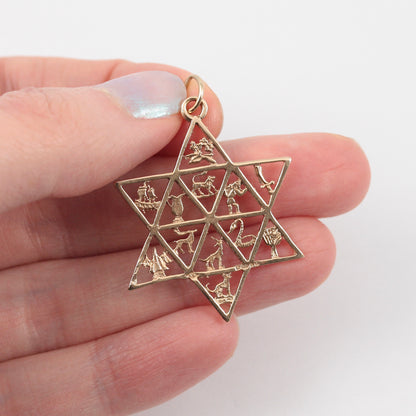 large vintage 9ct gold star of David twelve tribes of Israel pendant 
