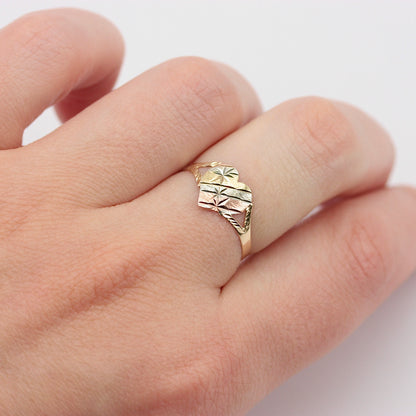 Vintage 9ct Tri Colour Gold Star Engraved Heart Ring, 1984