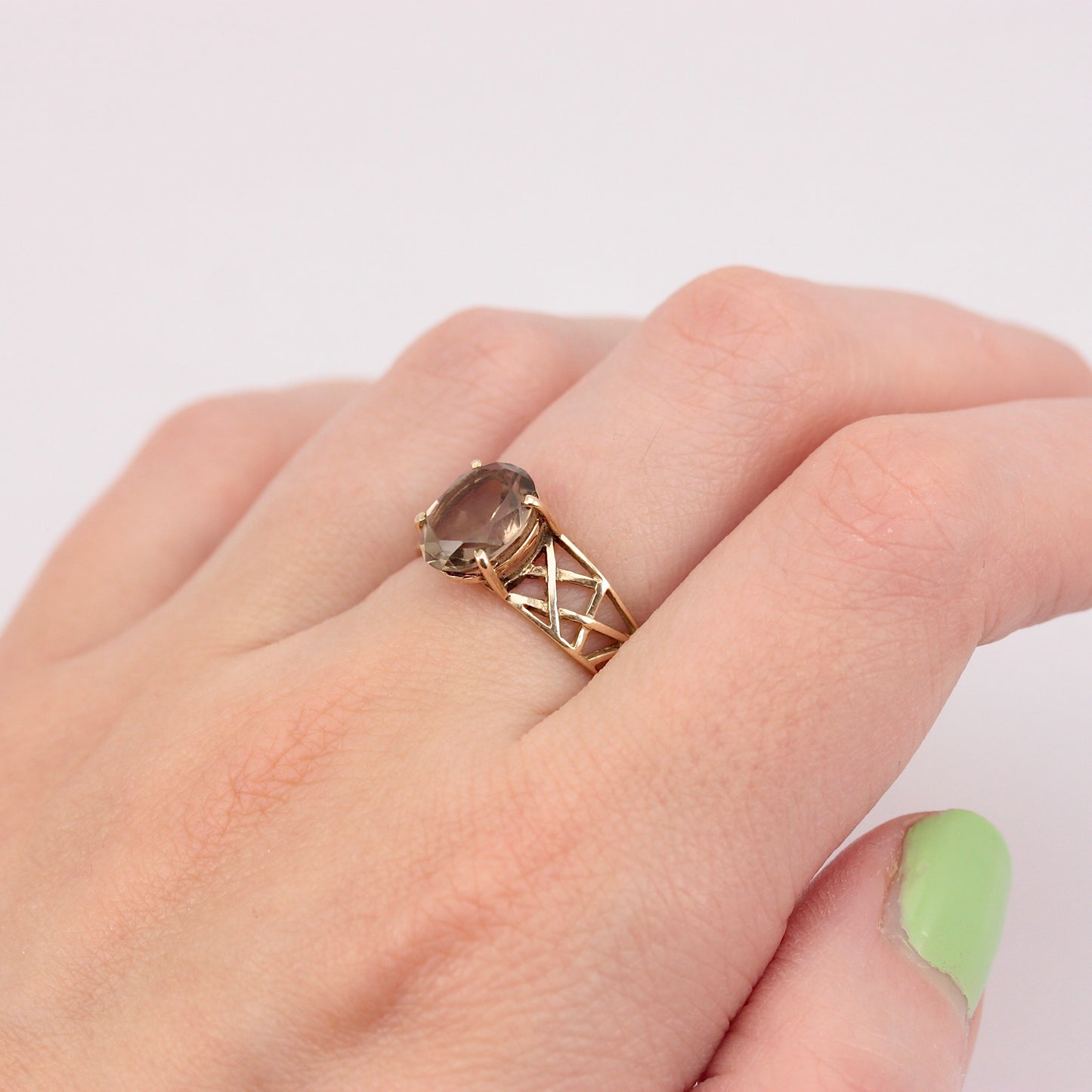 Vintage 9ct Gold Smoky Quartz Basket Weave Ring, 1979