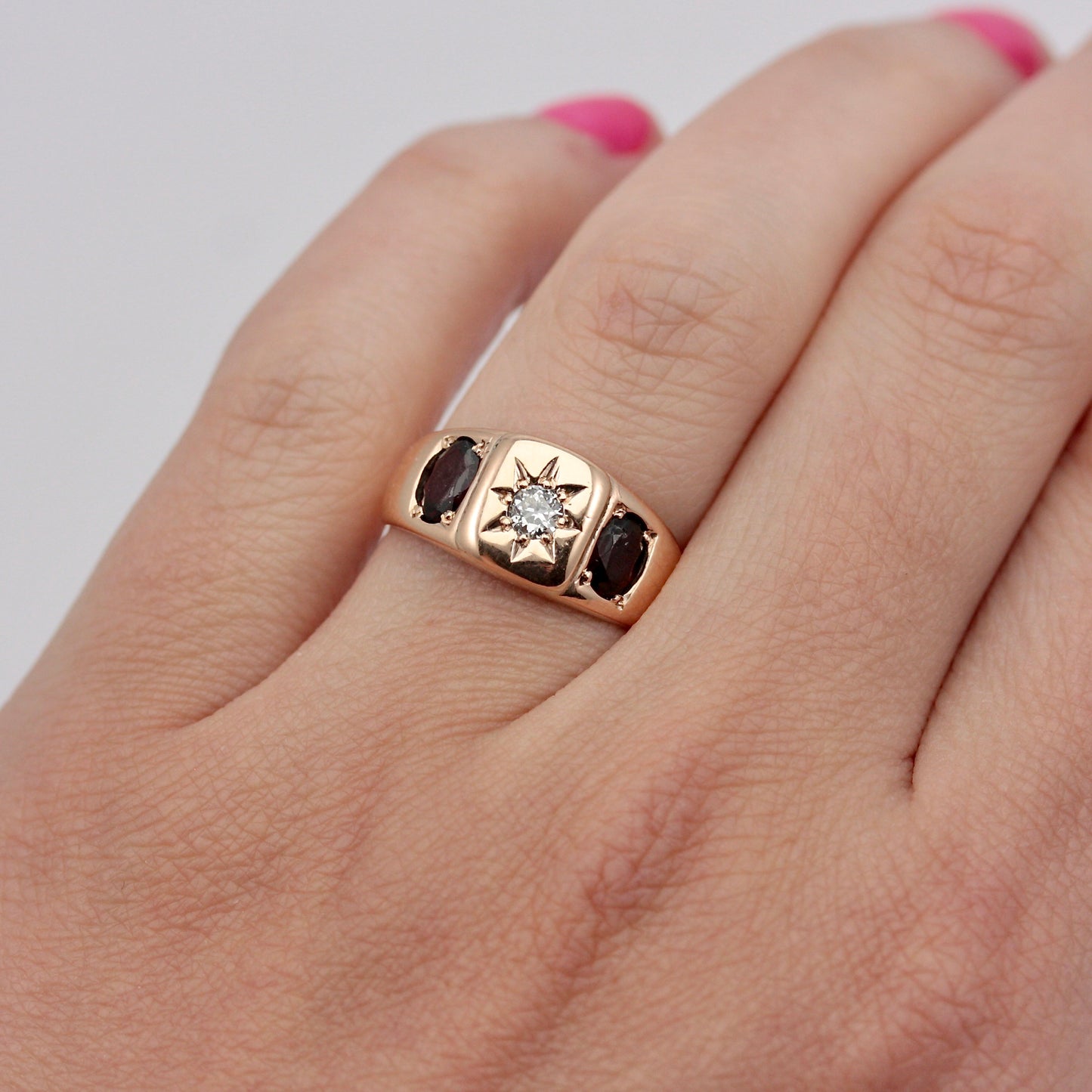 Antique Edwardian 9ct Gold, Diamond and Garnet Gypsy Ring, 1905
