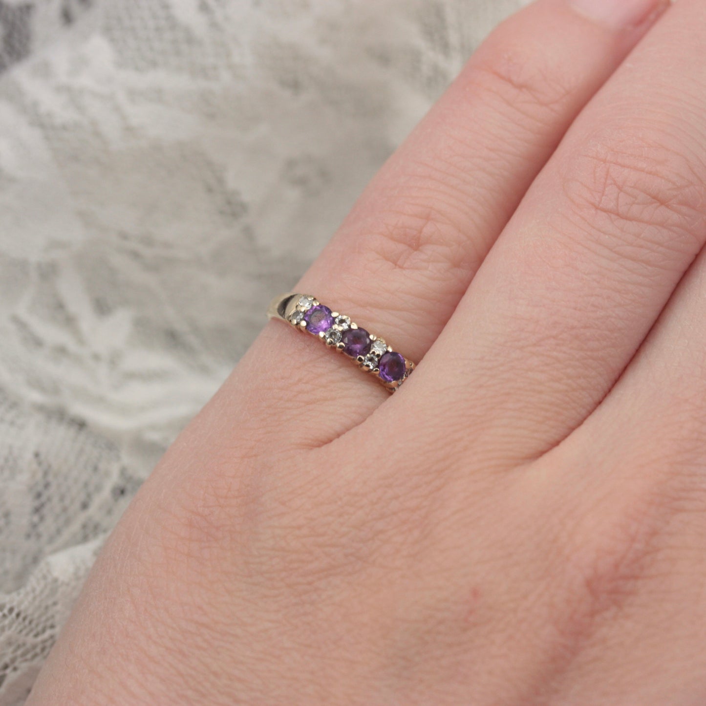 Vintage 9ct Gold Amethyst and CZ Band Ring, 1980s