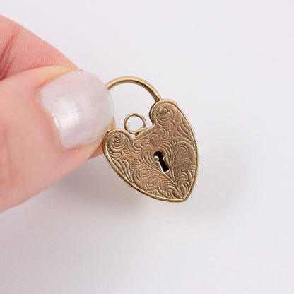 Large Vintage 9ct Gold Engraved Heart Padlock Clasp / Charm, 1973