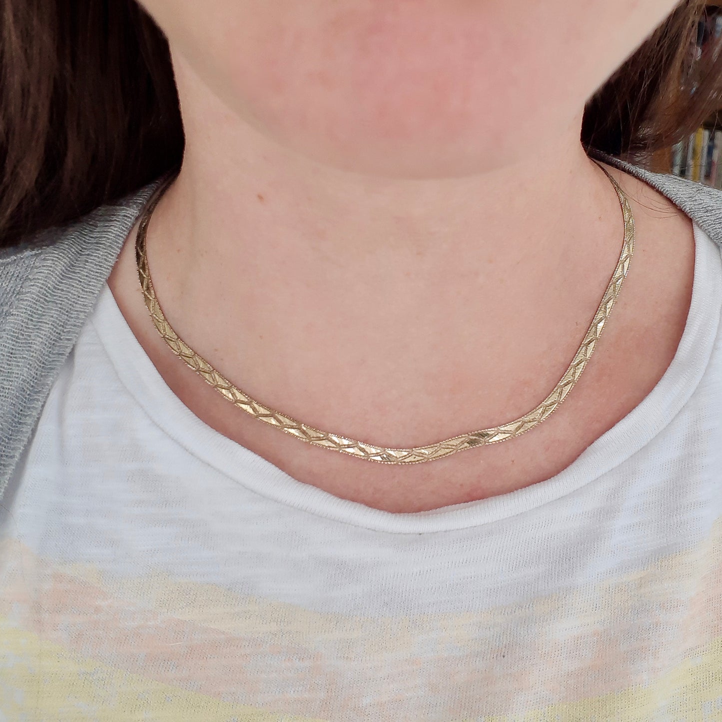 Vintage 9ct Gold Pattered Herringbone Necklace, 1988