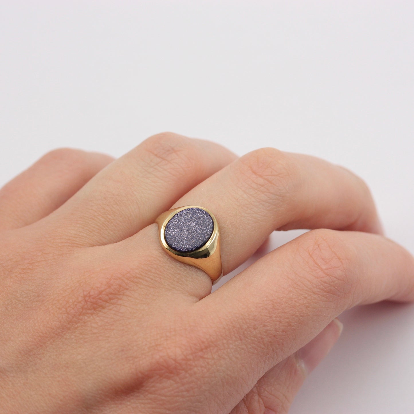 Vintage 9ct Gold Blue Goldstone Signet Ring, 1989